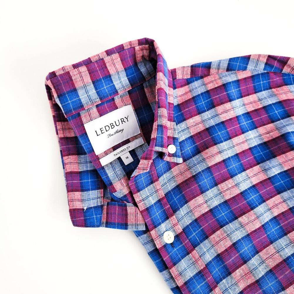 NEW Ledbury Linen Cotton Button Down Shirt Tailored Fit Mens 16 Blue Purple - Picture 9 of 9